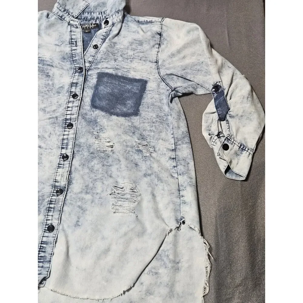 Thrill Jeans Shirt Womens Extra Large Buttoned Destroyed Distressed Denim Shirt - Picture 2 of 8